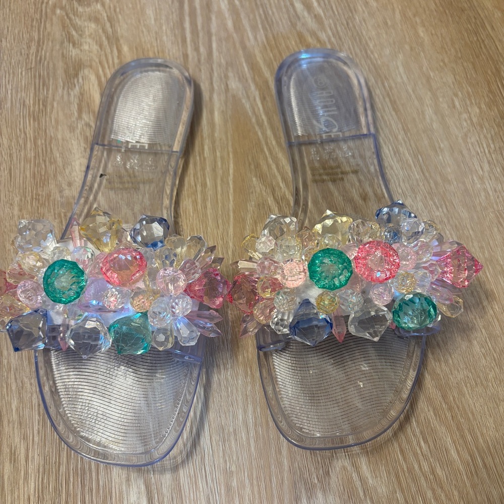 Clear Bejeweled Slide Sandals